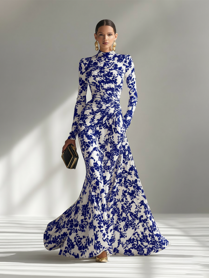 Floral Maxi Dress Long Sleeve High Neck Black White Print