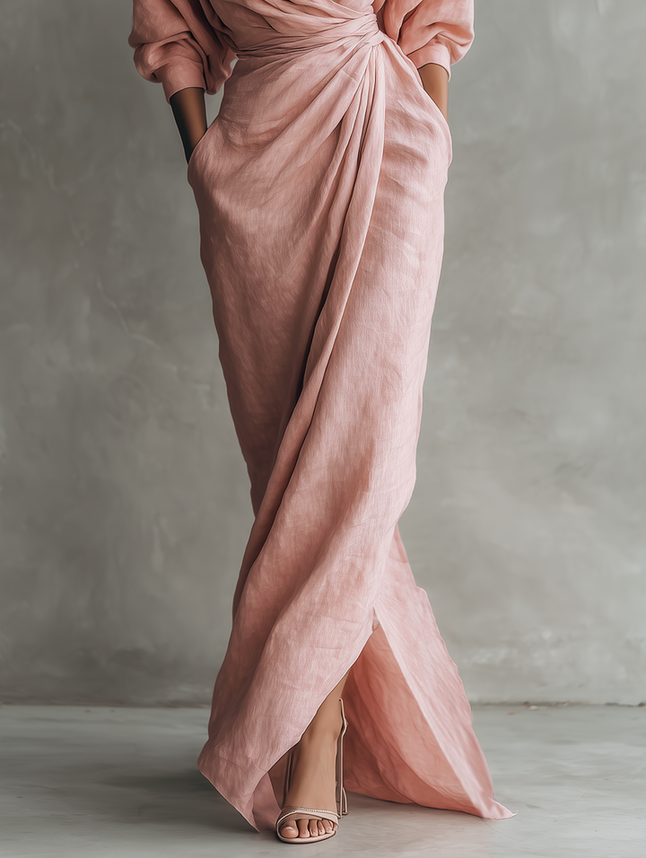Linen Maxi Dress V Neck Long Sleeve Minimalist Summer Dress