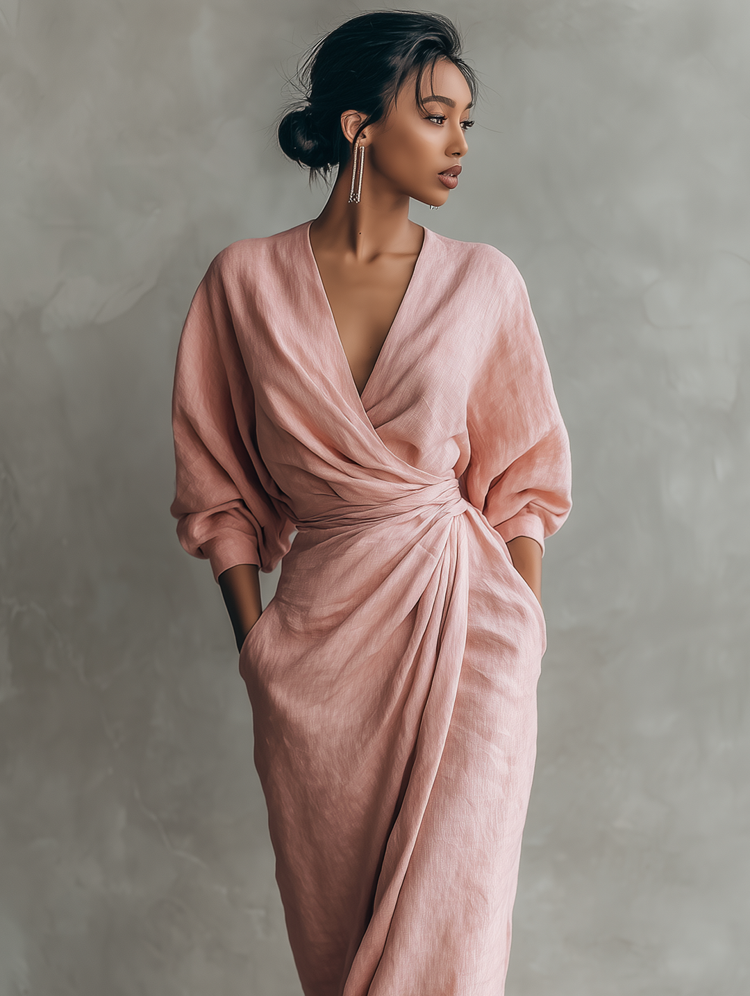 Linen Maxi Dress V Neck Long Sleeve Minimalist Summer Dress