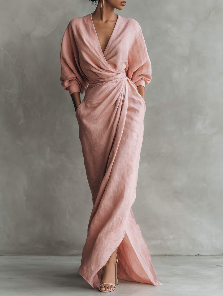Linen Maxi Dress V Neck Long Sleeve Minimalist Summer Dress