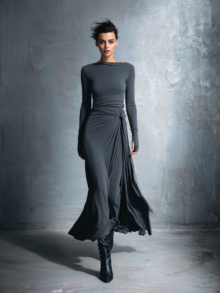Gray Wrap Maxi Dress with Knot Detail for Women