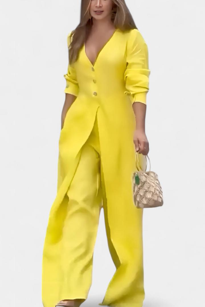 V-Neck Jumpsuit for Women with Wide Leg and Front Slit