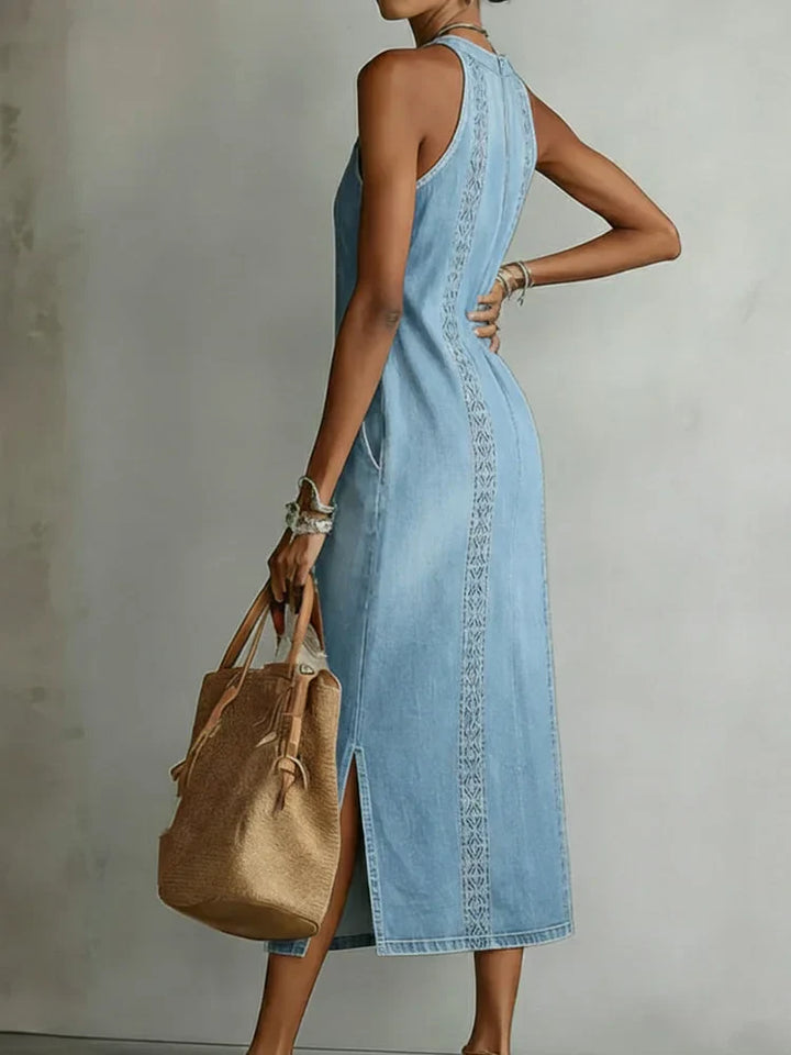 Denim Dress with Lace Detail | Retro Button Front Dress