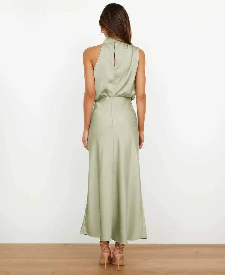 Midi Dress with Draped Neckline - Elegant Stretchy Fitted Dress