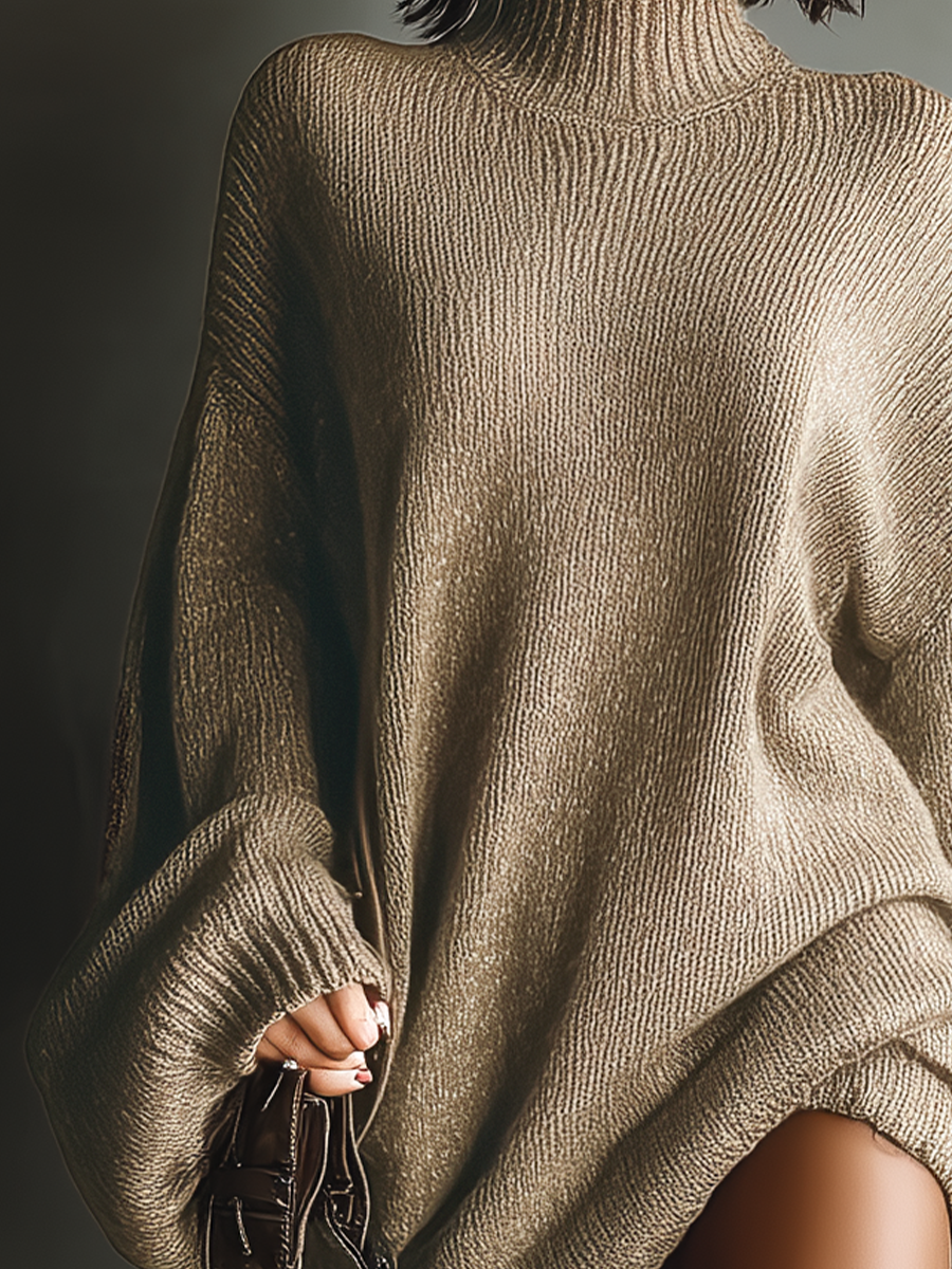 Caramel Brown Knit Sweater Dress with Long Sleeves