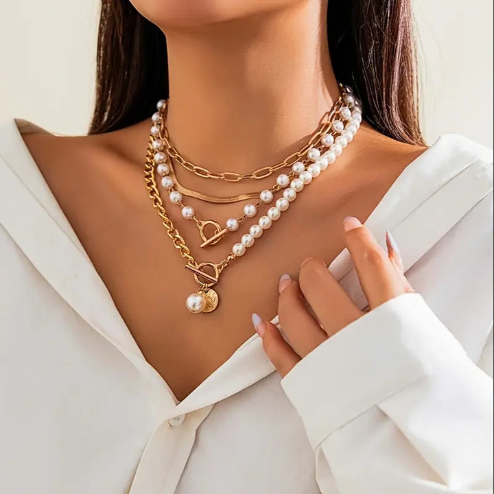 Pearl Snake Chain Necklace Set | Vintage Gold Layered Necklace