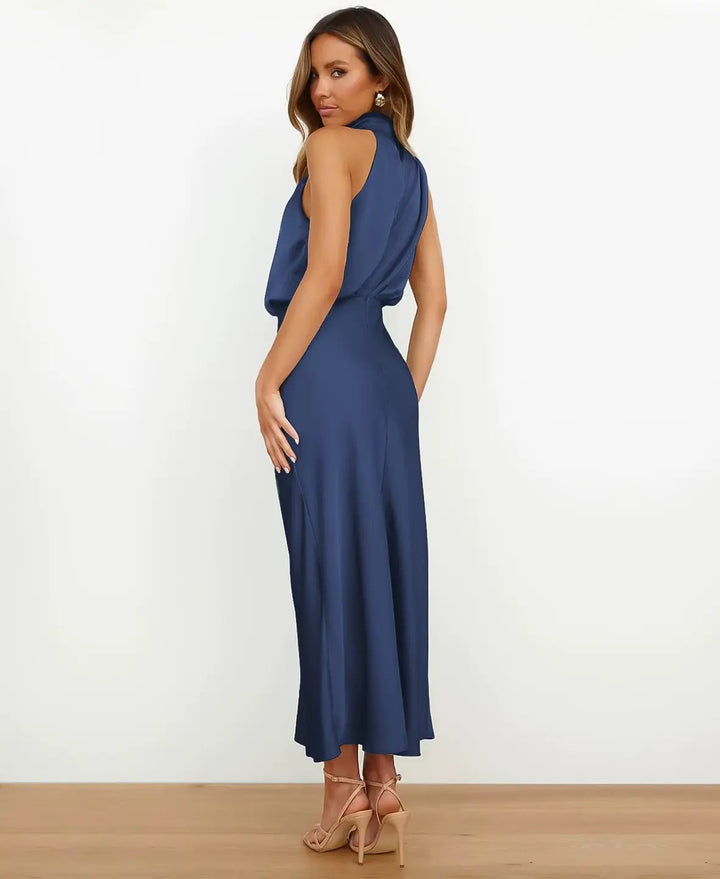 Midi Dress with Draped Neckline - Elegant Stretchy Fitted Dress