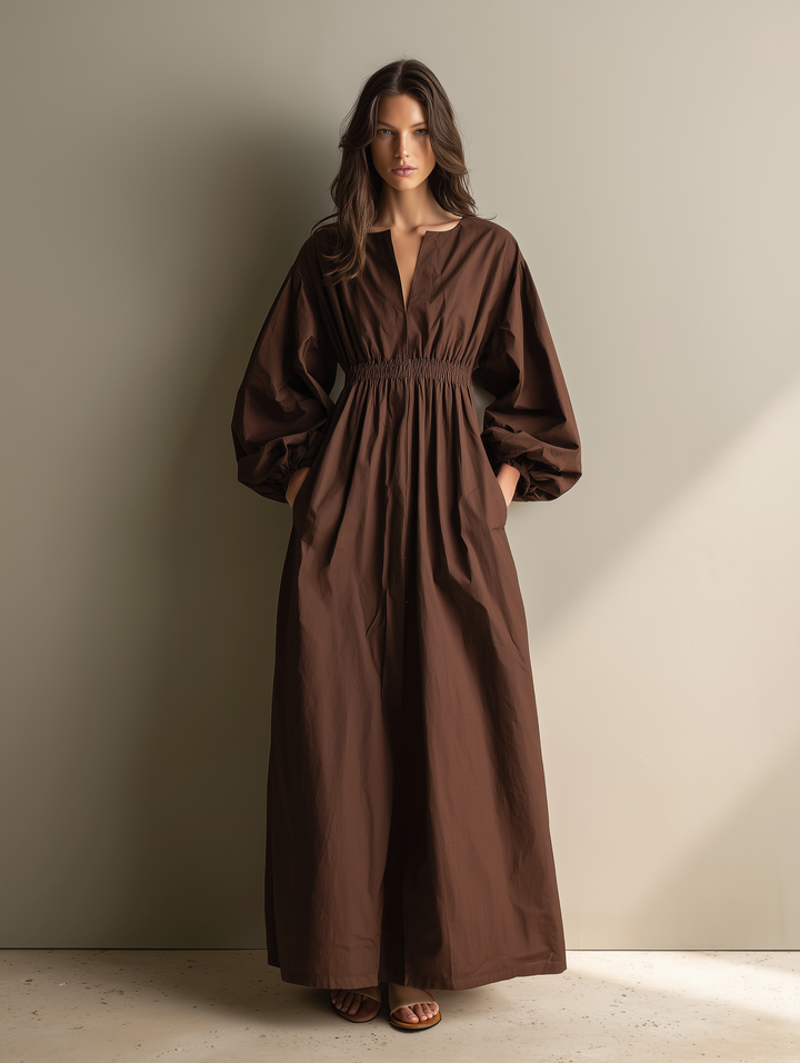 Cotton Linen Maxi Dress with V-Neck and Long Sleeves