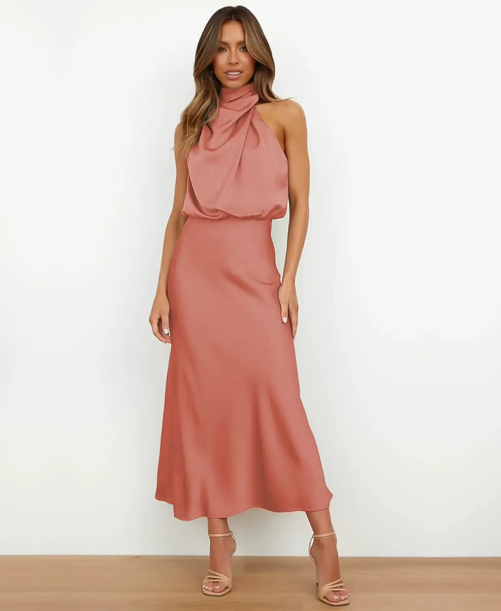 Midi Dress with Draped Neckline - Elegant Stretchy Fitted Dress