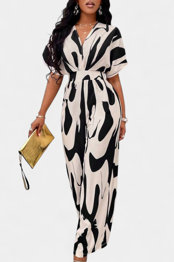 Wide Leg Jumpsuit V-Neck Abstract Print Elegant Occasion Wear