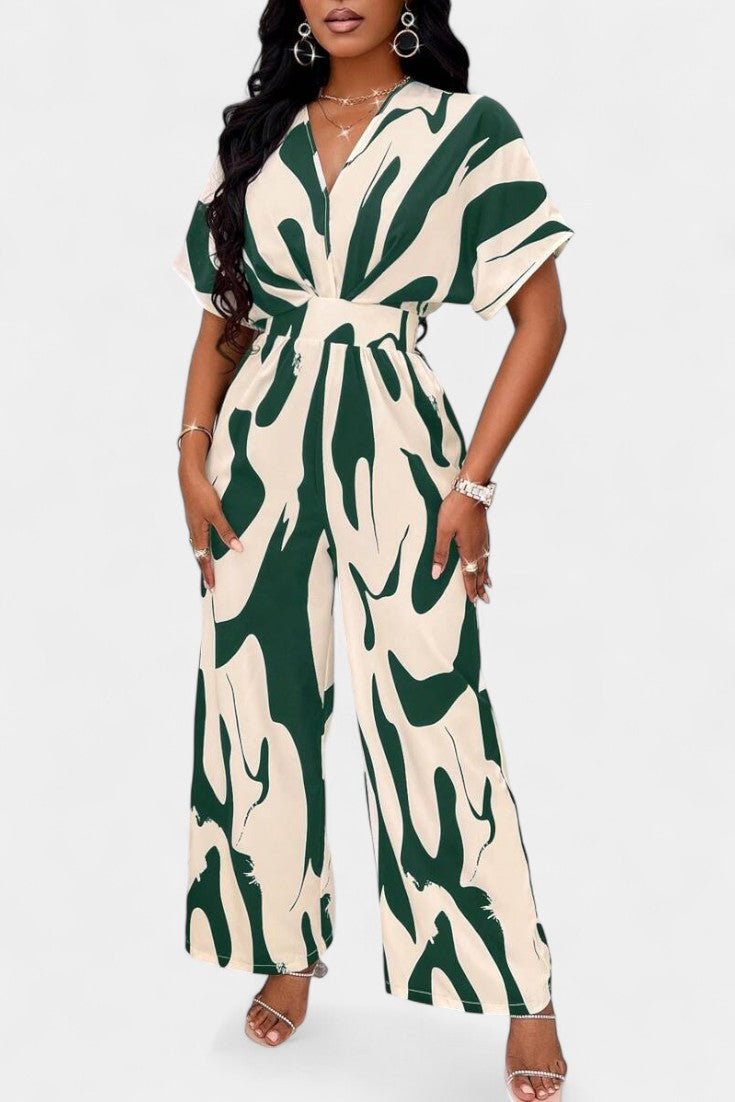 Wide Leg Jumpsuit V-Neck Abstract Print Elegant Occasion Wear