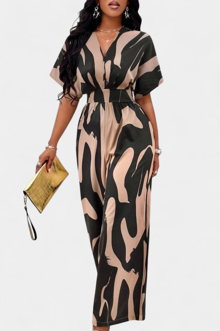 Wide Leg Jumpsuit V-Neck Abstract Print Elegant Occasion Wear