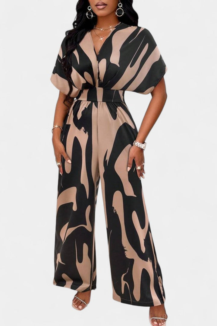 Wide Leg Jumpsuit V-Neck Abstract Print Elegant Occasion Wear