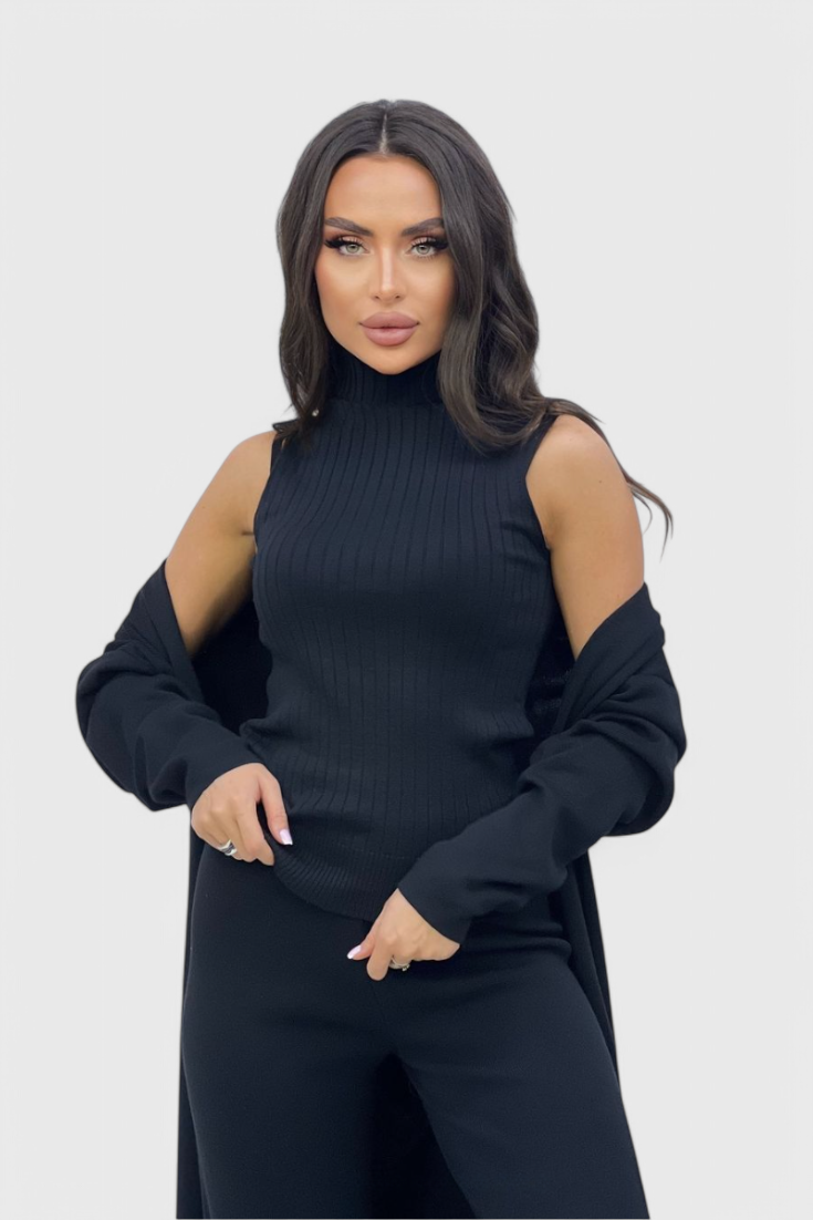 3-Piece Knit Set Long Cardigan Wide Leg Pants Turtleneck
