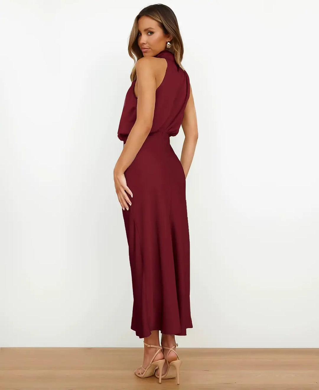 Midi Dress with Draped Neckline - Elegant Stretchy Fitted Dress
