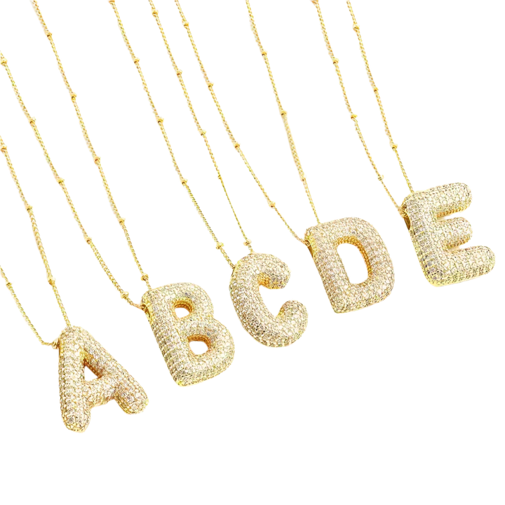 Initial Necklace Set White Gold - Personalized Bubble Letter Pendant