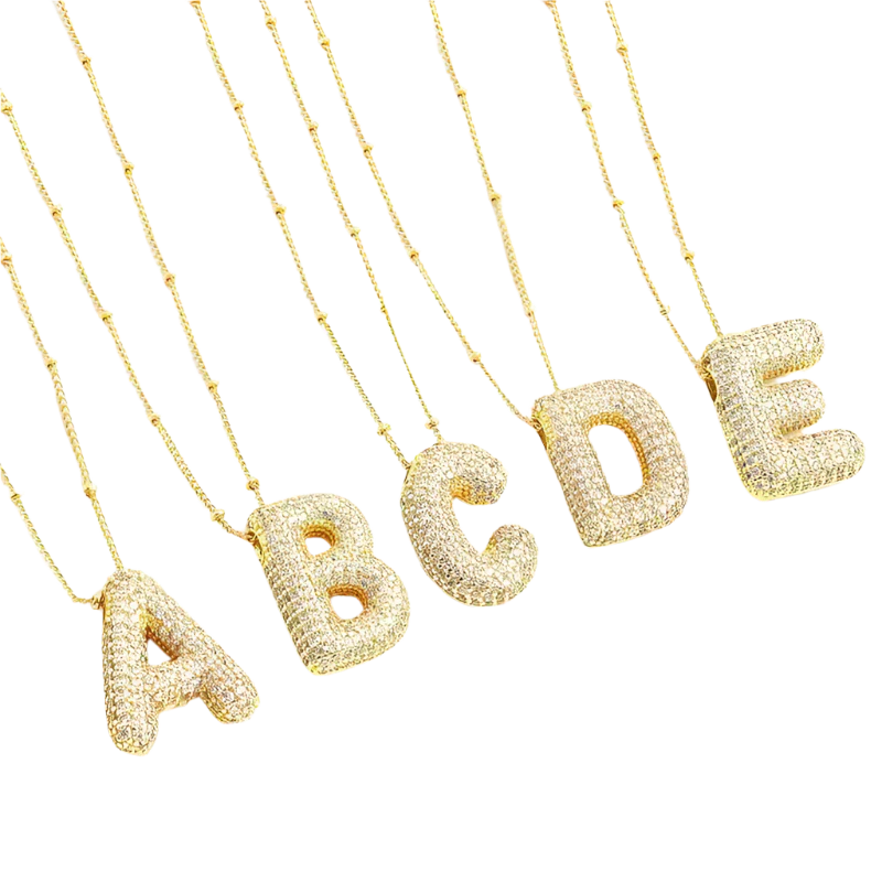 Initial Necklace Set Gold Bubble Letter Pendant