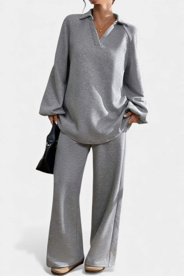 Textured Two Piece Set - Collared Top and Wide Leg Pants