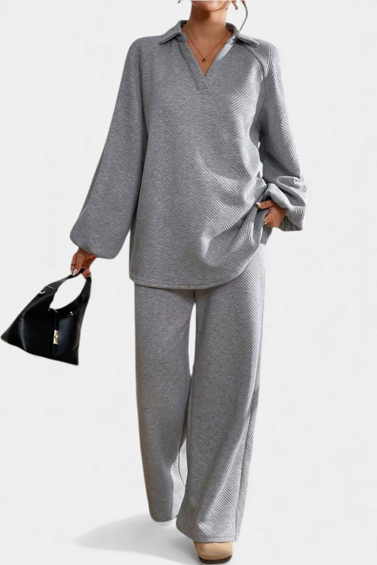 Textured Two Piece Set - Collared Top and Wide Leg Pants