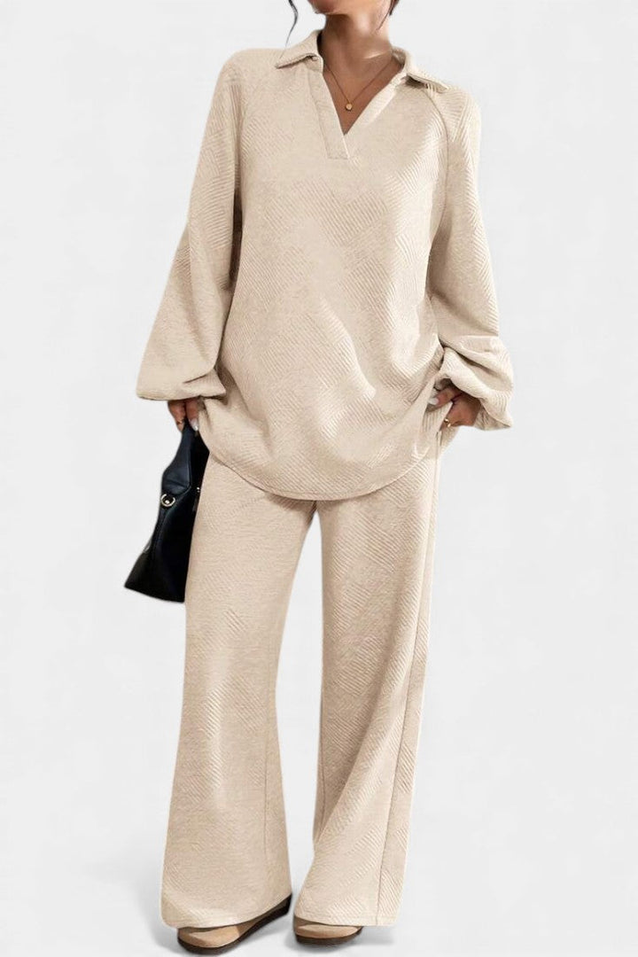 Textured Two Piece Set - Collared Top and Wide Leg Pants