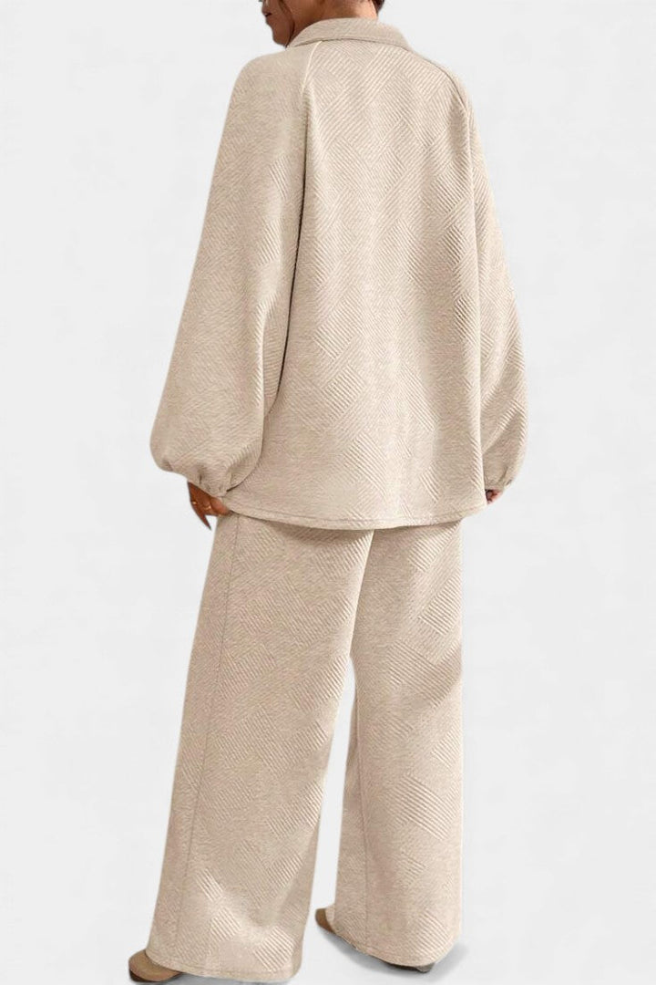 Textured Two Piece Set - Collared Top and Wide Leg Pants