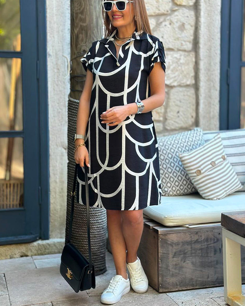 Geometric Print Polo Dress - Classic Casual Style for Women