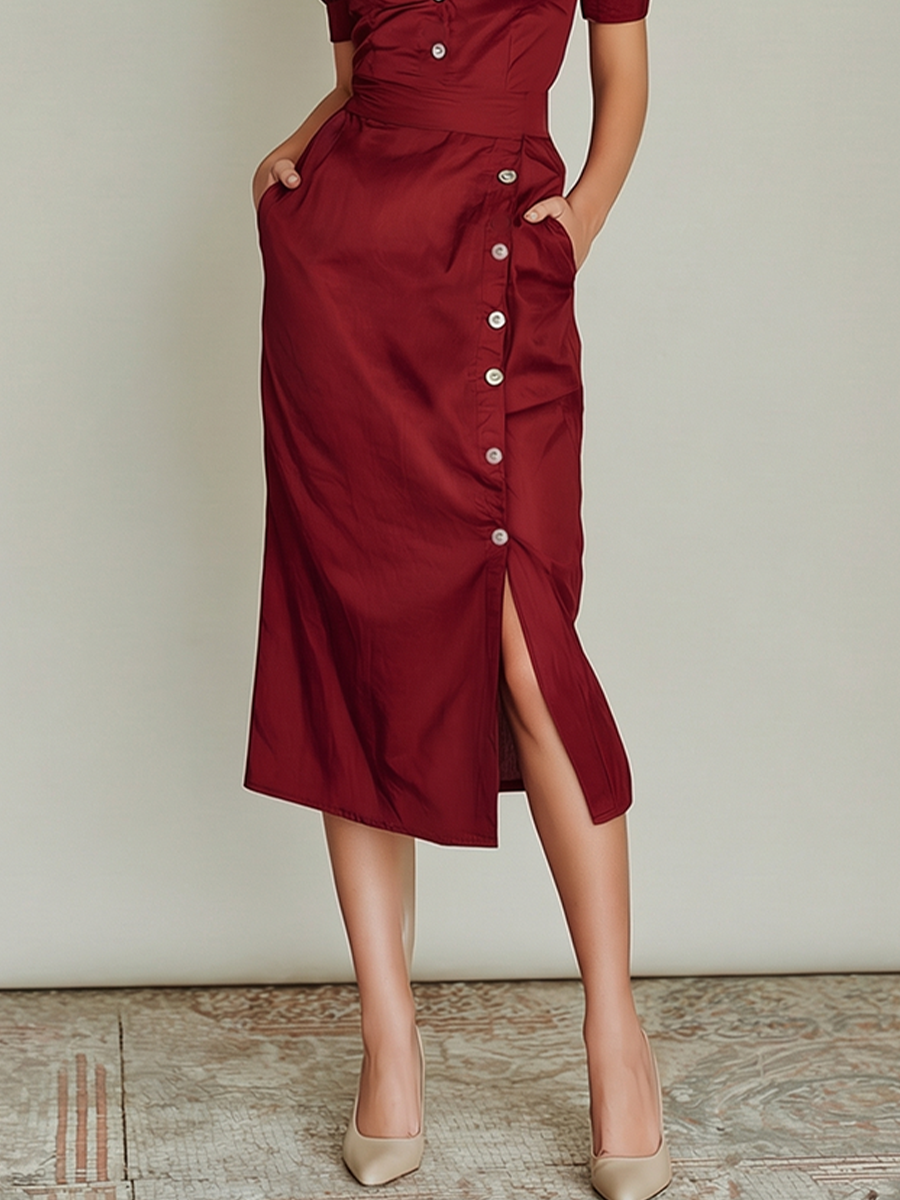 Burgundy Satin Midi Dress with Button Front and Side Slit