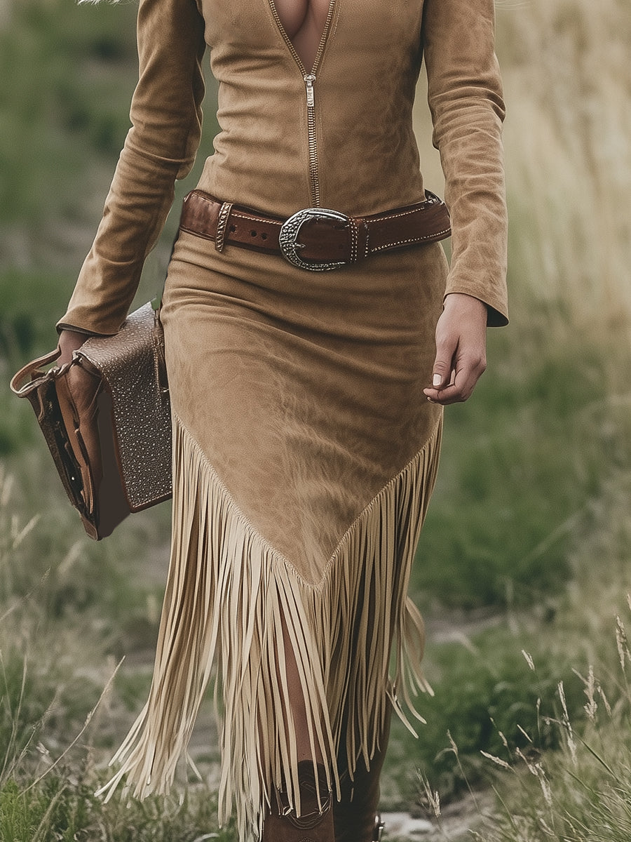 Suede Fringe Dress | Western Inspired Bohemian Midi