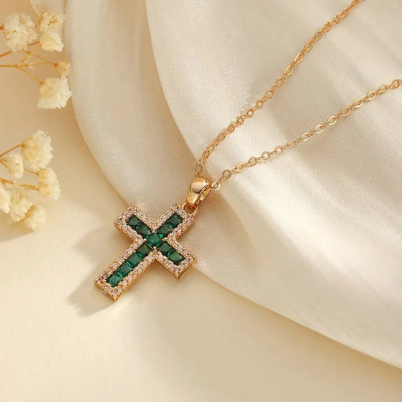 Emerald Cross Pendant Necklace in Gold | Dainty Layering Necklace