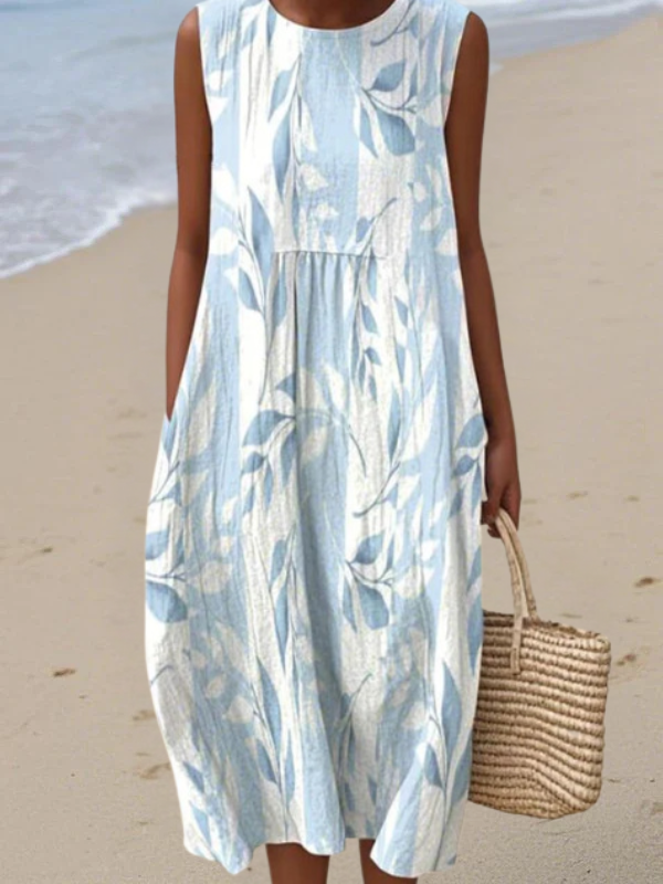 Leafy Midi Dress for Women - Sleeveless Blue Floral Summer Dress