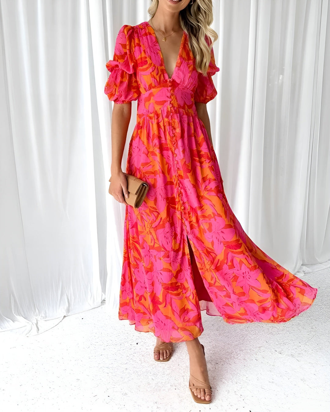 Elegant Maxi Dress with V-Neck and Gathered Sleeves