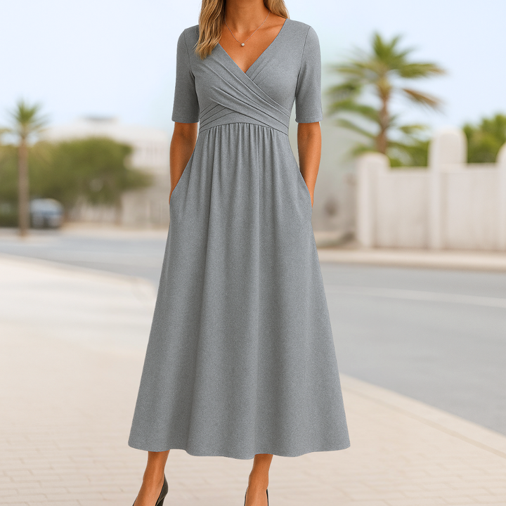 Short Sleeve Wrap Dress with Pleated Detail