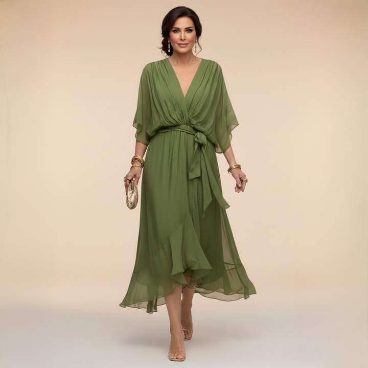 Chiffon V-Neck Dress for Women - Elegant Flowing Midi Dress