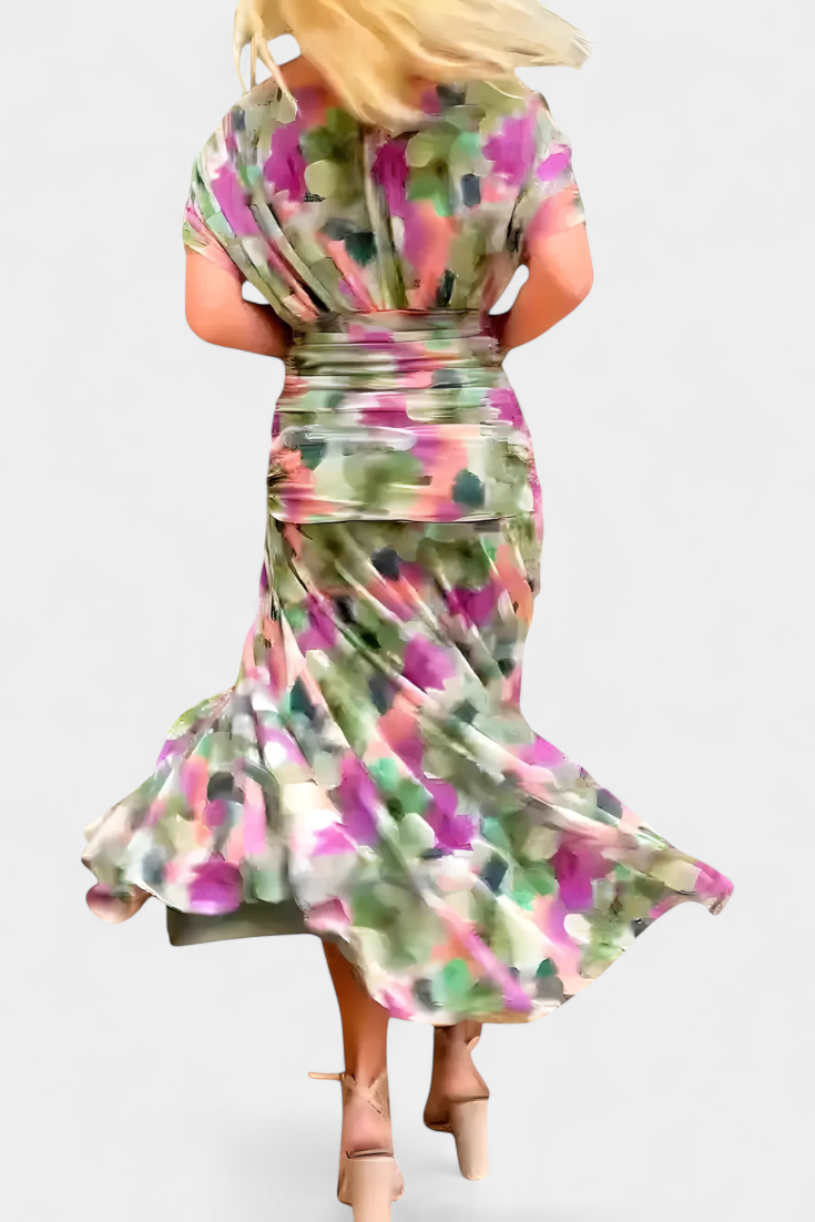 Floral V-Neck Maxi Dress with Pleated Waist - Long Sleeve