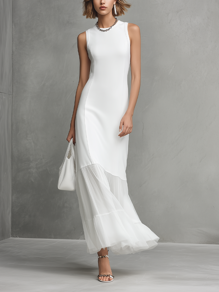White Sleeveless Maxi Dress with Chiffon Ruffle Hem