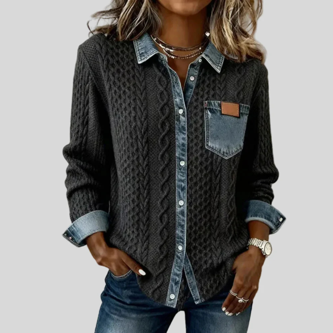 Denim Patchwork Shirt with Cable Knit Detail for Women