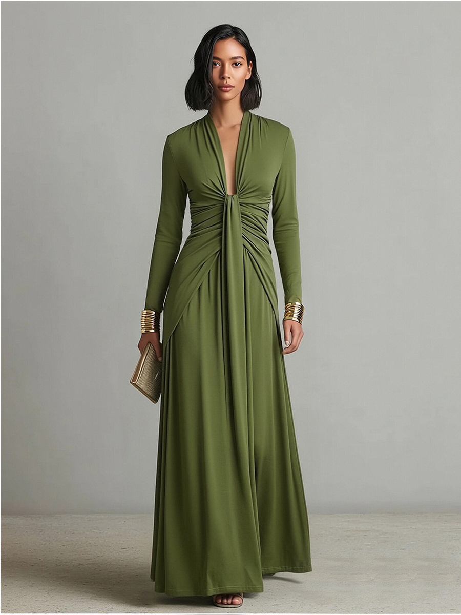 Olive Maxi Dress with Deep V-Neck and Ruched Detail