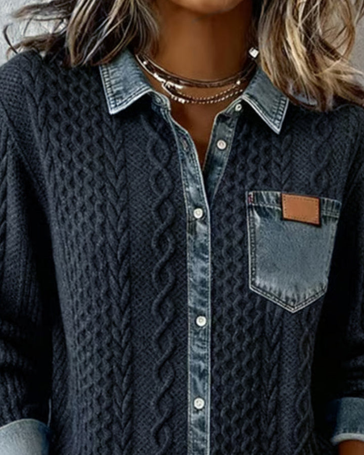 Denim Patchwork Button Down Shirt - Long Sleeve Cotton Blend Top