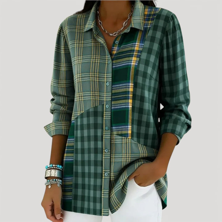 Patchwork Button Front Shirt for Women Classic Relaxed Fit