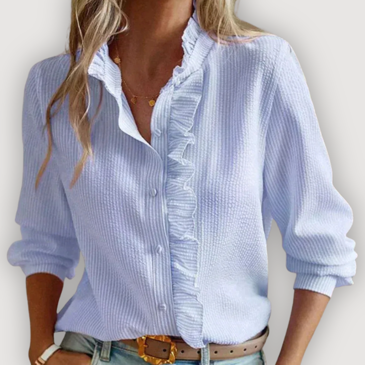Ruffle Trim Blouse for Women | Striped Button Front Top