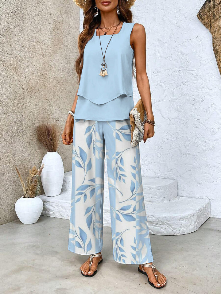 Two Piece Set Women Summer Outfit Sleeveless Top Wide Leg Pants
