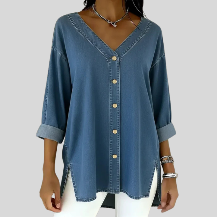 Denim Shirt Women V-Neck Relaxed Fit Button Front Top