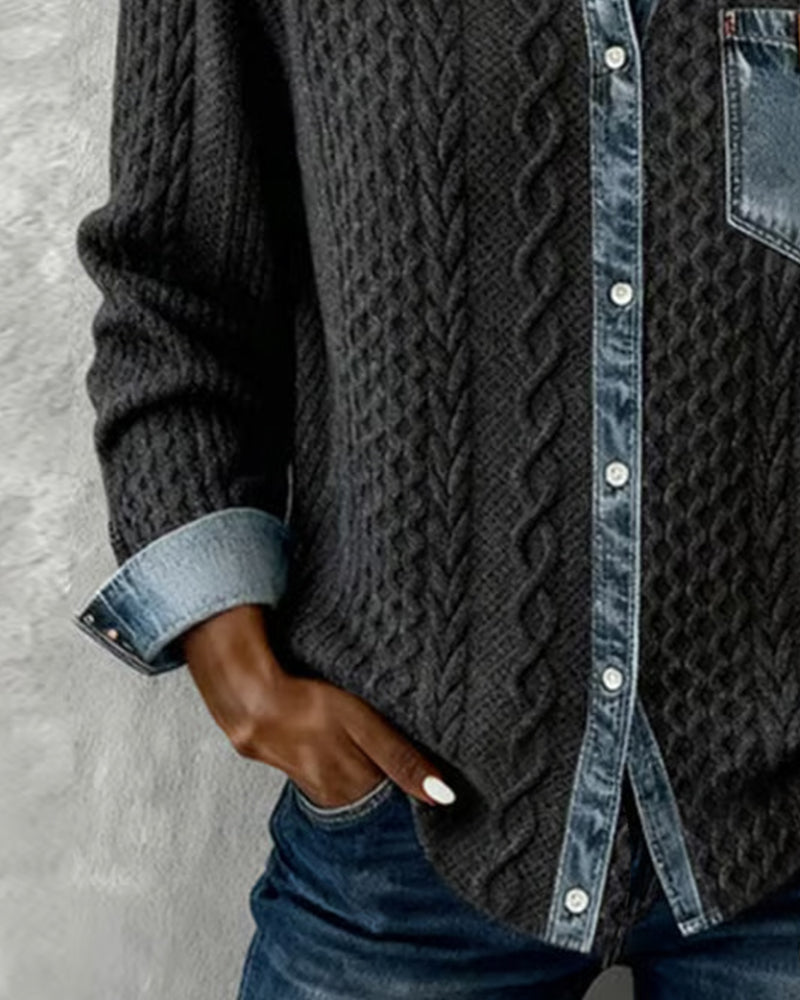Denim Patchwork Button Down Shirt - Long Sleeve Cotton Blend Top
