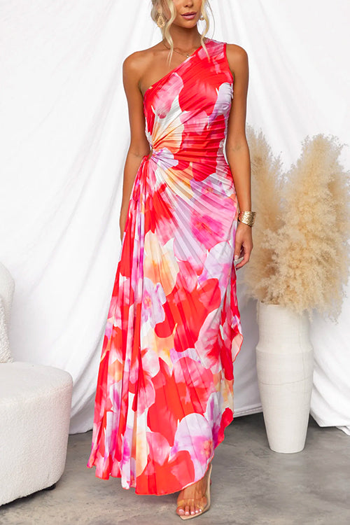 One Shoulder Maxi Dress Pleated Elegant Evening Gown