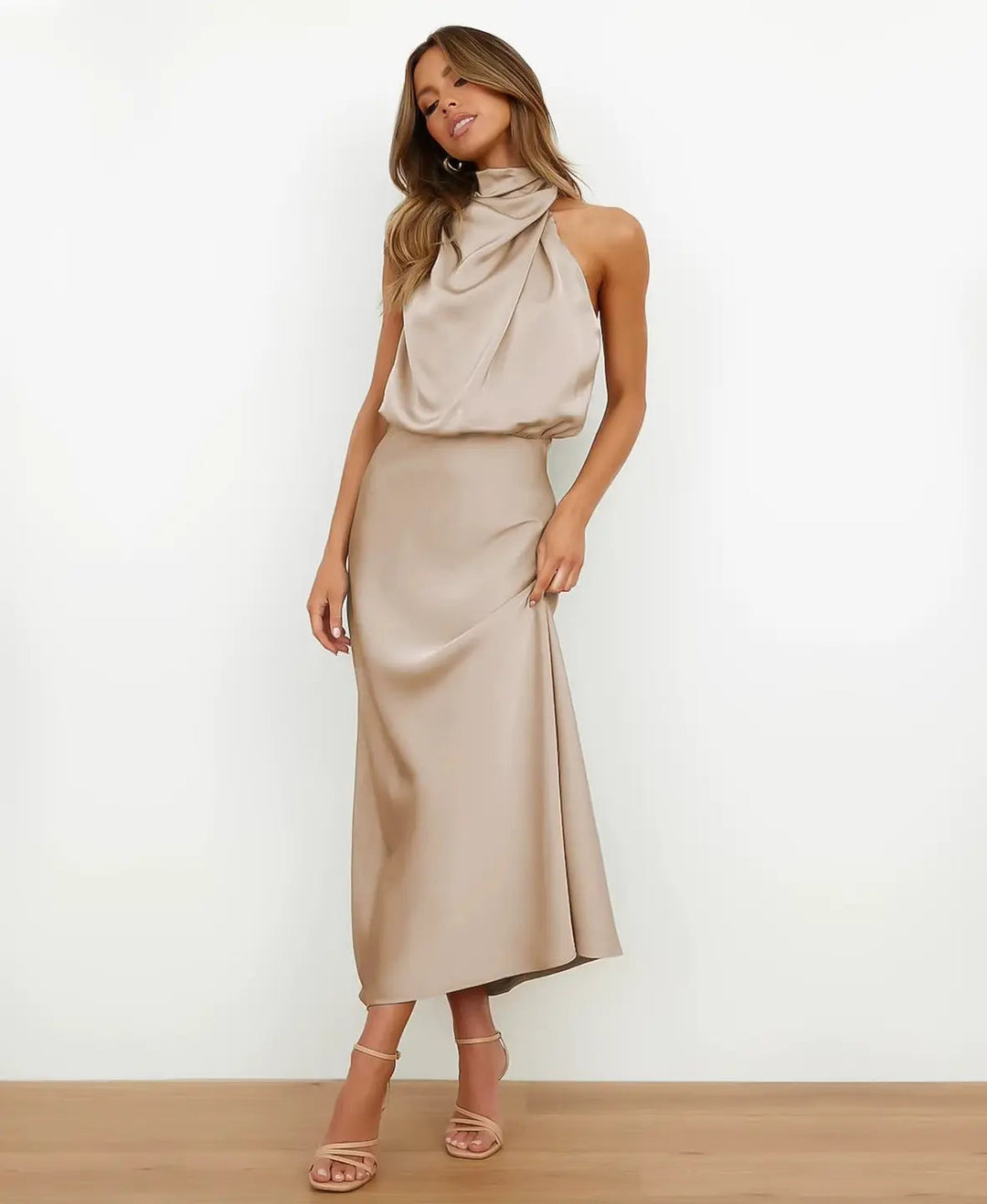 Midi Dress with Draped Neckline - Elegant Stretchy Fitted Dress