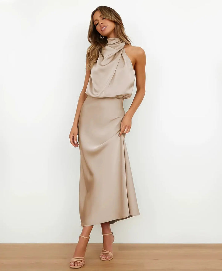 Midi Dress with Draped Neckline - Elegant Stretchy Fitted Dress