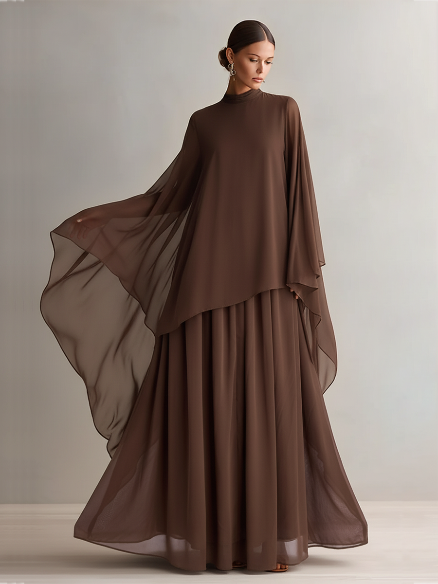 Brown Chiffon Maxi Dress with Cape Sleeves for Wedding Guest