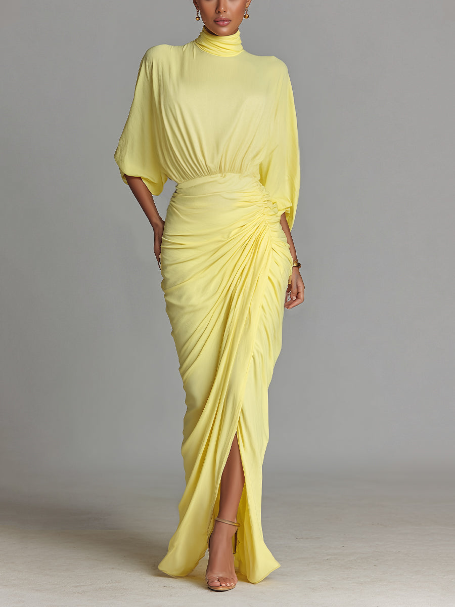 Yellow Maxi Dress for Women - Flowy V-Neck Long Sleeve