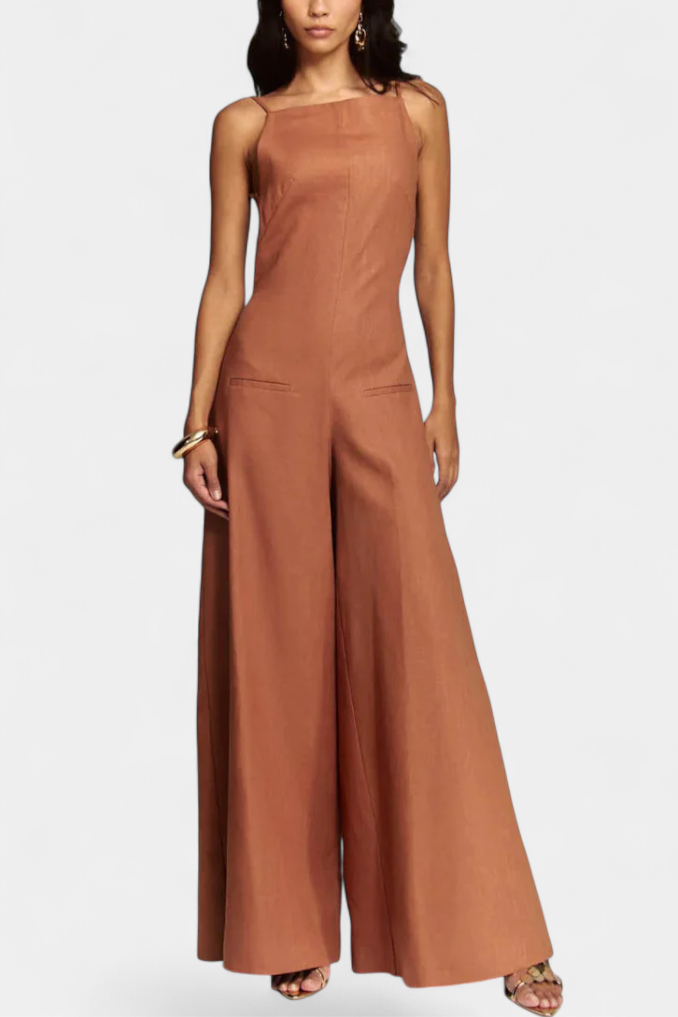 Wide Leg Halter Jumpsuit - Elegant Ramie Summer Outfit