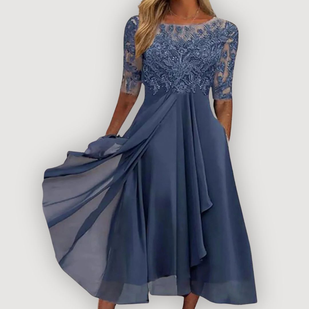 Chiffon Maxi Dress with Lace Bodice for Wedding Guest